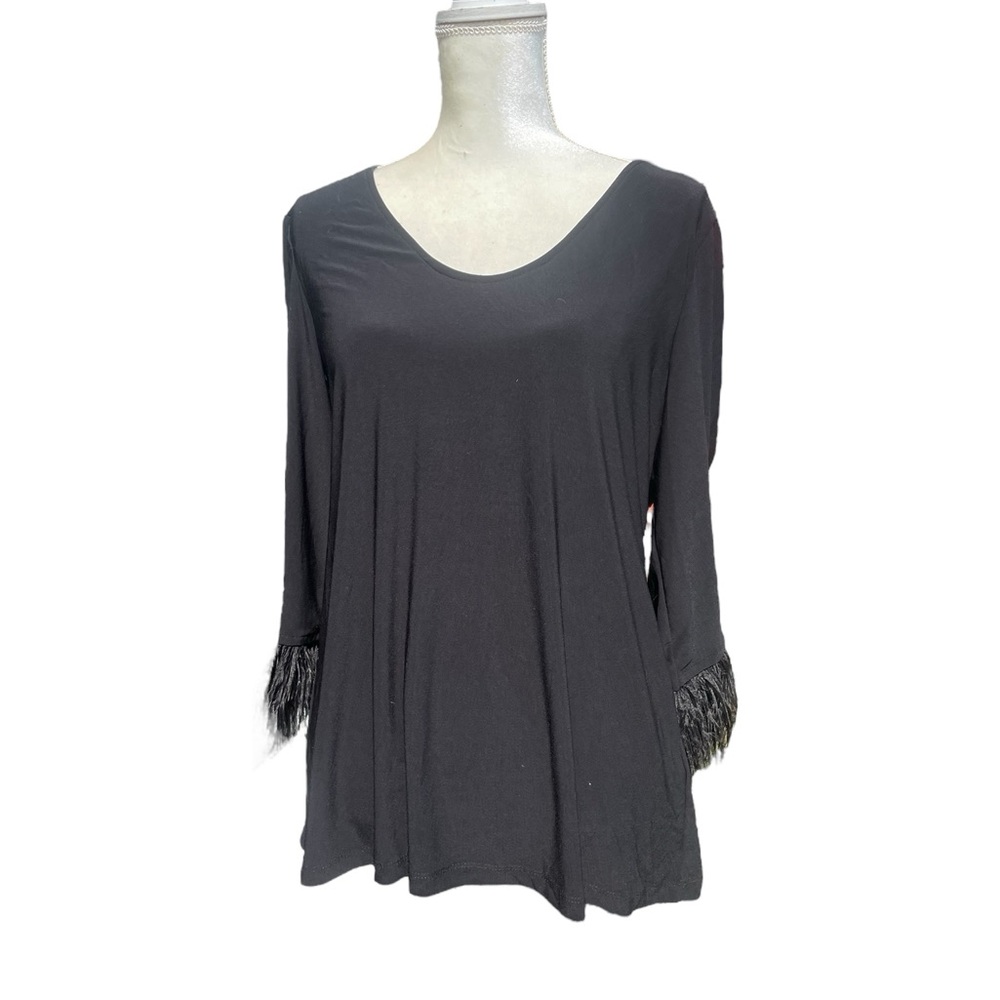 EUC Tiana B Women's Black Tunic Top with Faux Feathers Around the 3/4 Sleeves